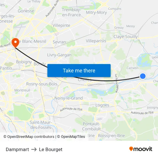 Dampmart to Le Bourget map