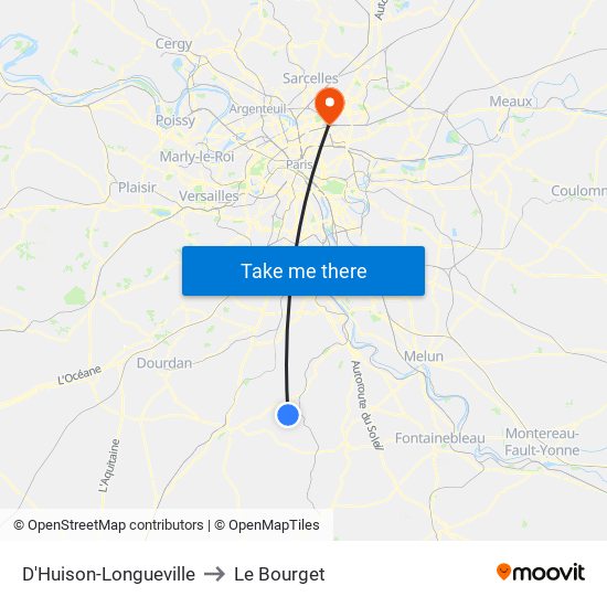 D'Huison-Longueville to Le Bourget map