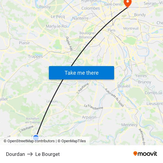 Dourdan to Le Bourget map