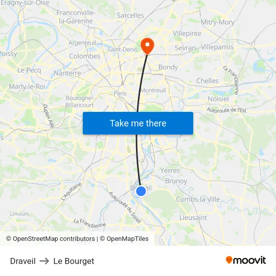 Draveil to Le Bourget map