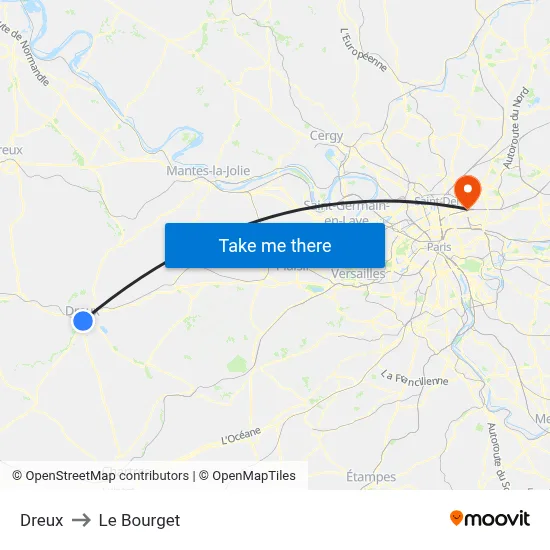 Dreux to Le Bourget map