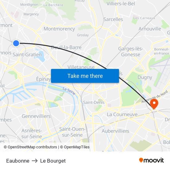 Eaubonne to Le Bourget map