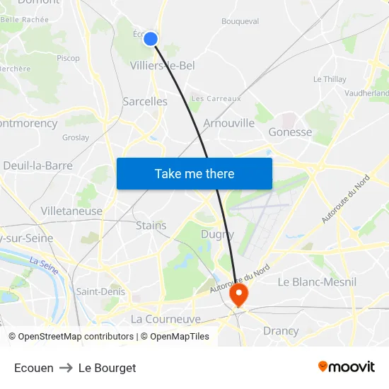 Ecouen to Le Bourget map