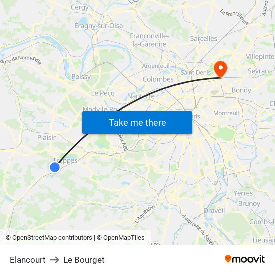 Elancourt to Le Bourget map