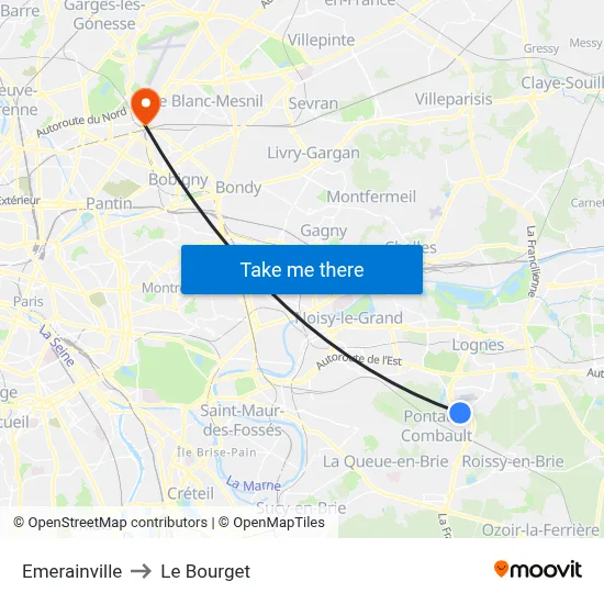 Emerainville to Le Bourget map