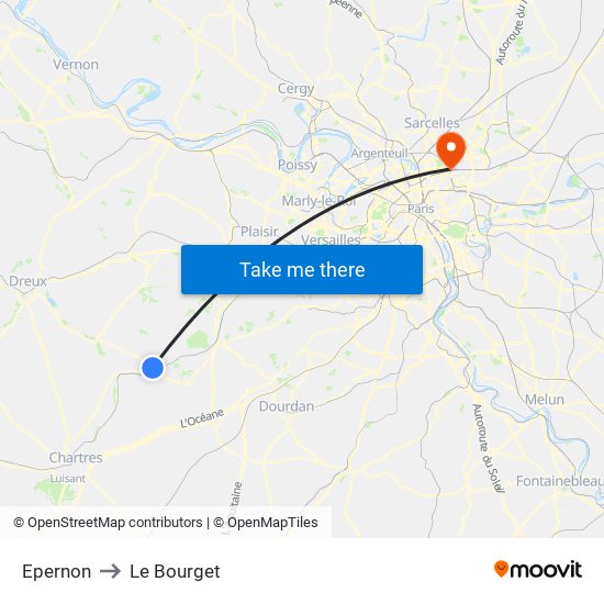 Epernon to Le Bourget map