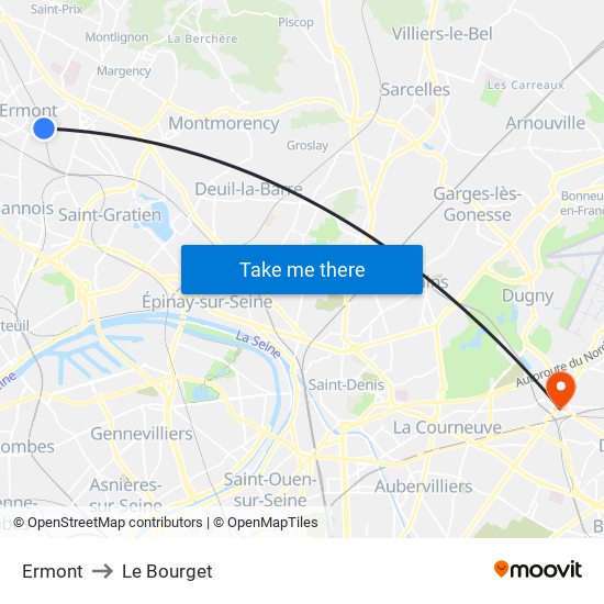 Ermont to Le Bourget map