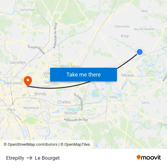 Etrepilly to Le Bourget map