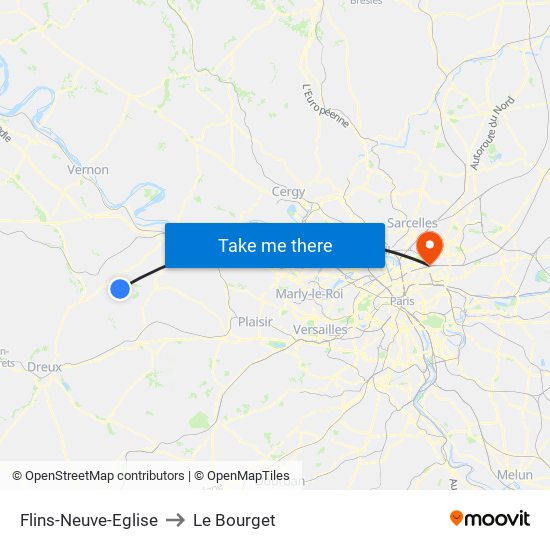 Flins-Neuve-Eglise to Le Bourget map