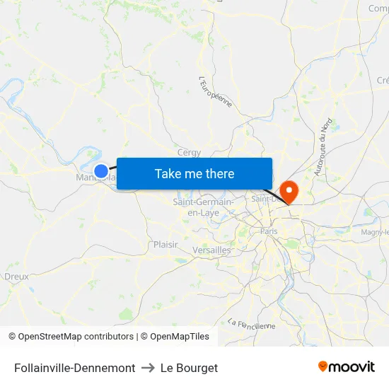 Follainville-Dennemont to Le Bourget map