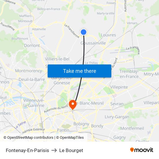 Fontenay-En-Parisis to Le Bourget map