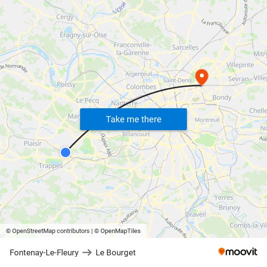 Fontenay-Le-Fleury to Le Bourget map