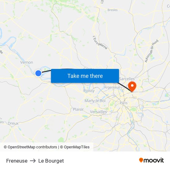 Freneuse to Le Bourget map