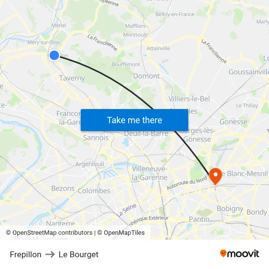 Frepillon to Le Bourget map