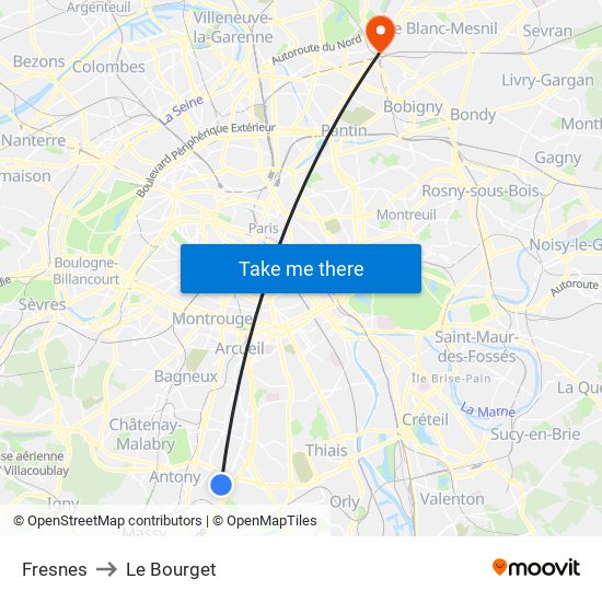 Fresnes to Le Bourget map