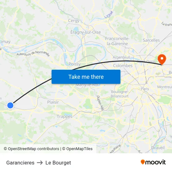 Garancieres to Le Bourget map