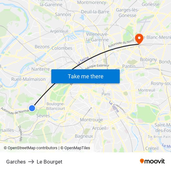 Garches to Le Bourget map