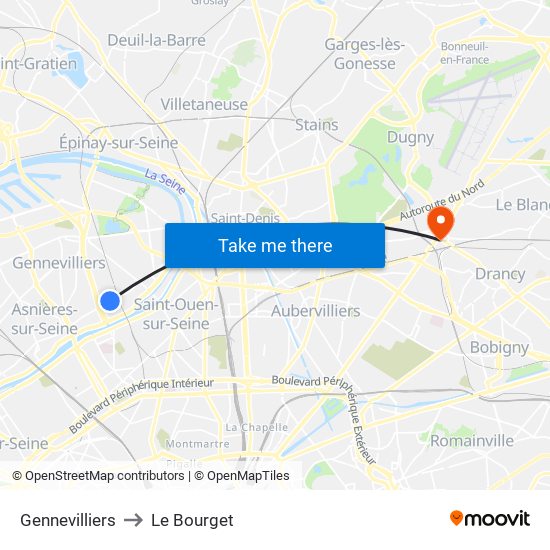 Gennevilliers to Le Bourget map