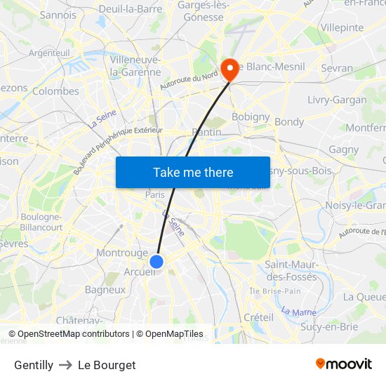 Gentilly to Le Bourget map