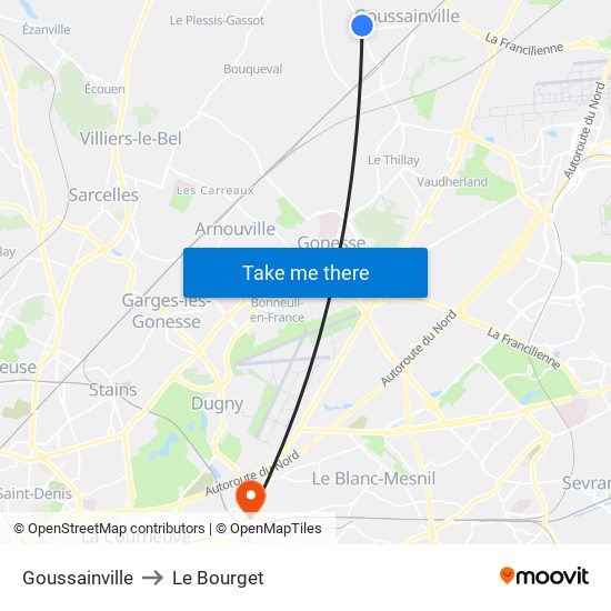 Goussainville to Le Bourget map