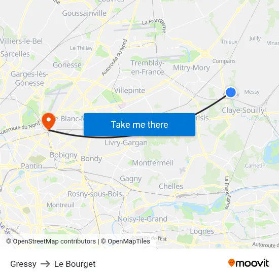Gressy to Le Bourget map
