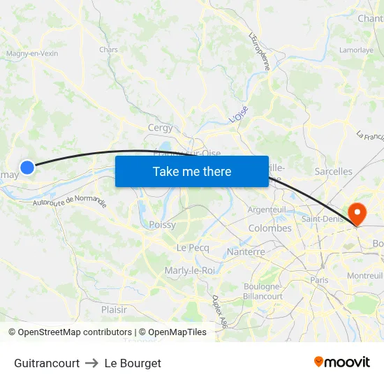 Guitrancourt to Le Bourget map