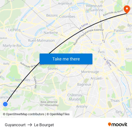 Guyancourt to Le Bourget map