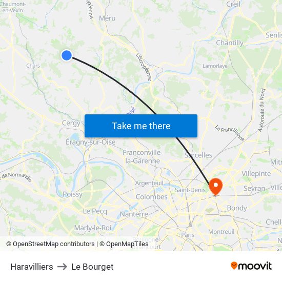 Haravilliers to Le Bourget map