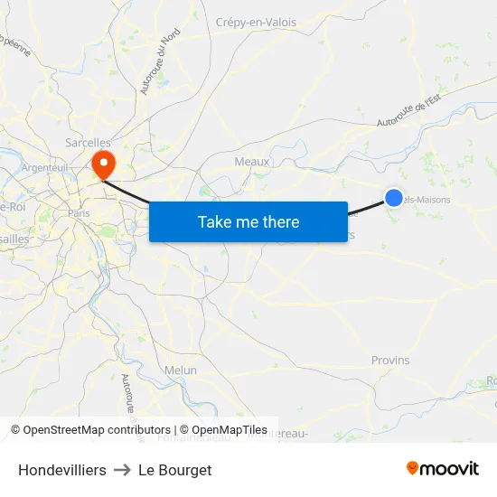 Hondevilliers to Le Bourget map