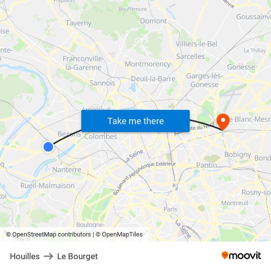 Houilles to Le Bourget map