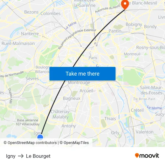 Igny to Le Bourget map