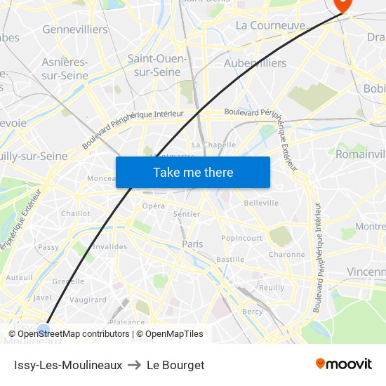 Issy-Les-Moulineaux to Le Bourget map