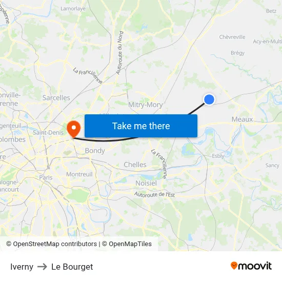 Iverny to Le Bourget map