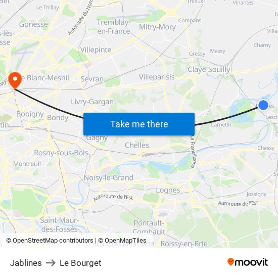 Jablines to Le Bourget map