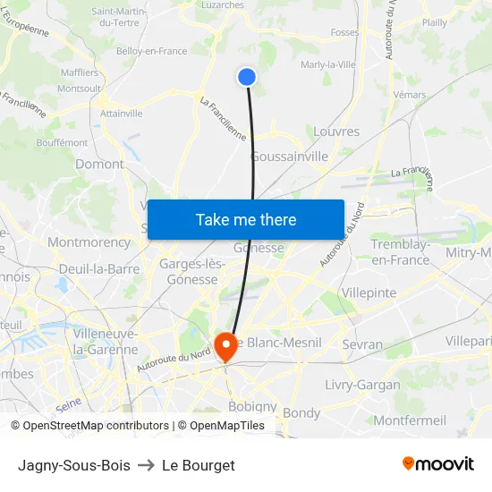 Jagny-Sous-Bois to Le Bourget map