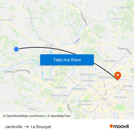 Jambville to Le Bourget map