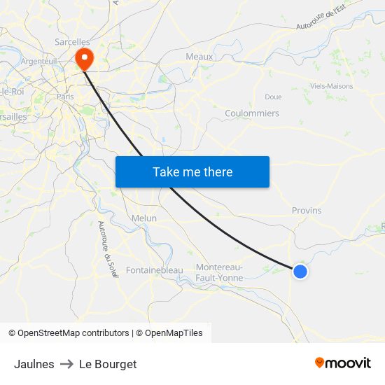 Jaulnes to Le Bourget map