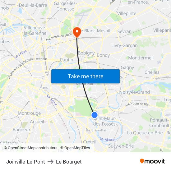 Joinville-Le-Pont to Le Bourget map
