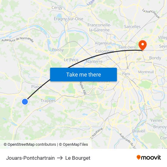 Jouars-Pontchartrain to Le Bourget map