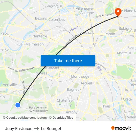 Jouy-En-Josas to Le Bourget map