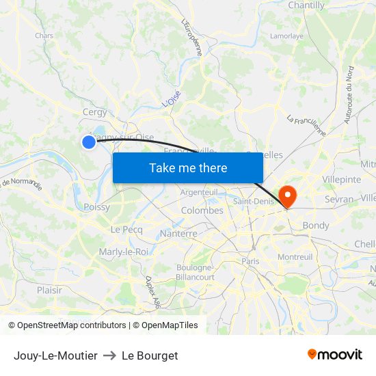 Jouy-Le-Moutier to Le Bourget map