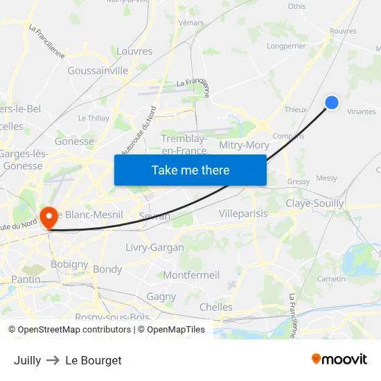 Juilly to Le Bourget map