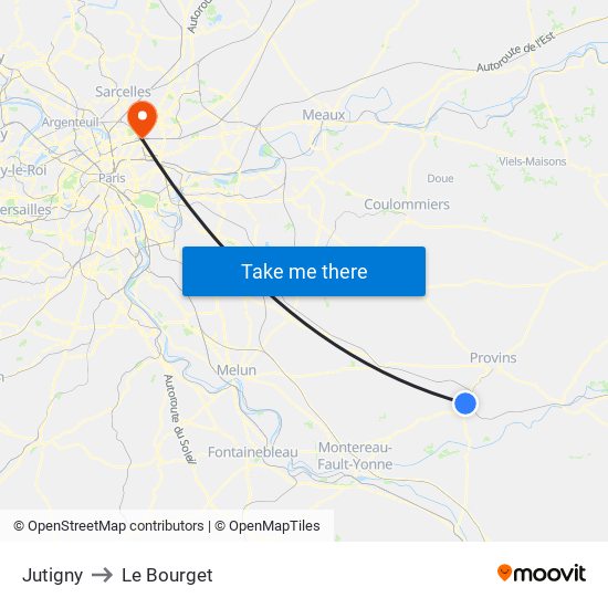 Jutigny to Le Bourget map
