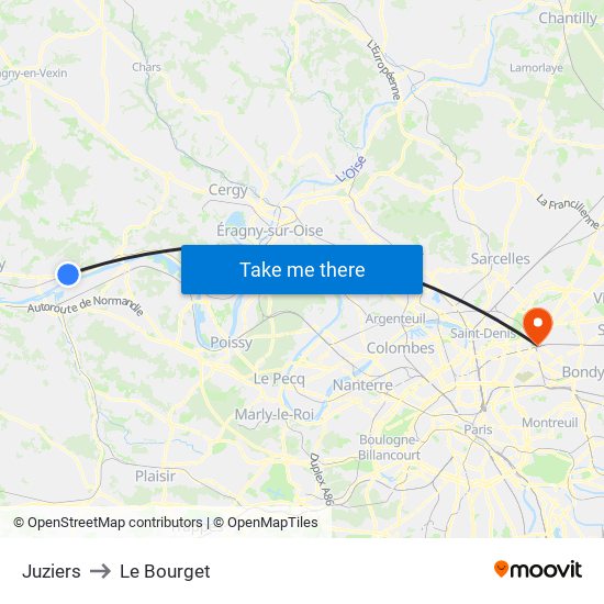 Juziers to Le Bourget map