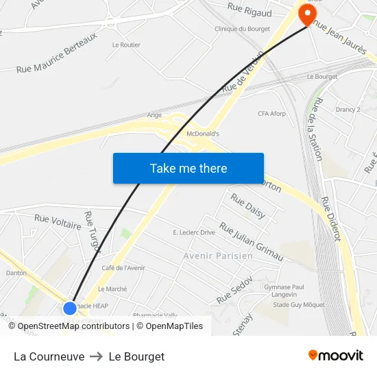 La Courneuve to Le Bourget map