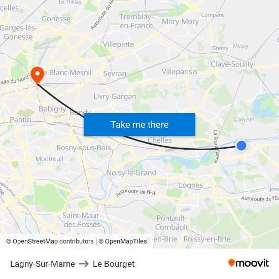 Lagny-Sur-Marne to Le Bourget map