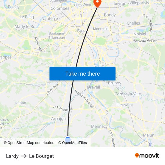 Lardy to Le Bourget map