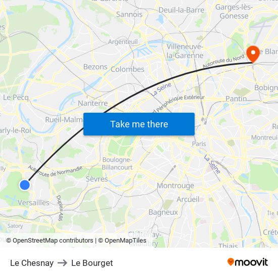 Le Chesnay to Le Bourget map