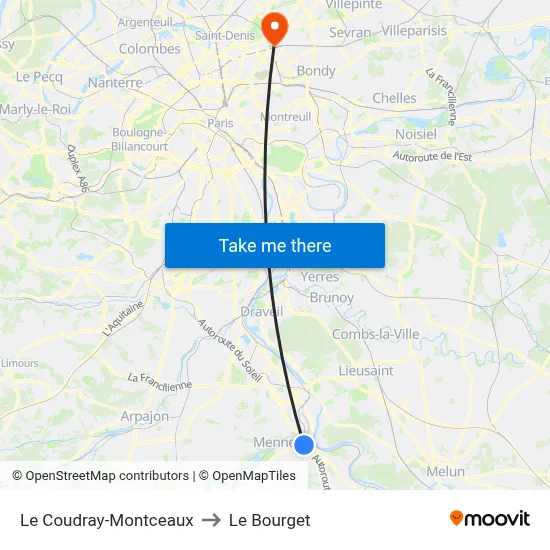 Le Coudray-Montceaux to Le Bourget map