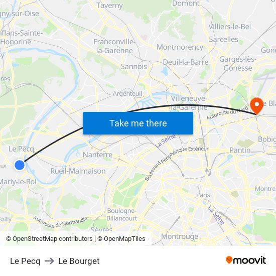 Le Pecq to Le Bourget map